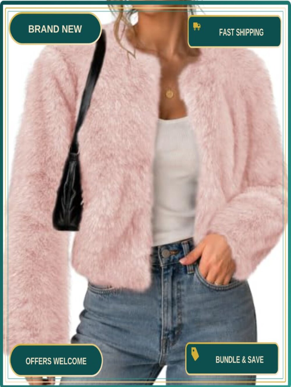 LOMON Women's Cropped Faux Fur Coat Long Sleeve Open Front Cardigan